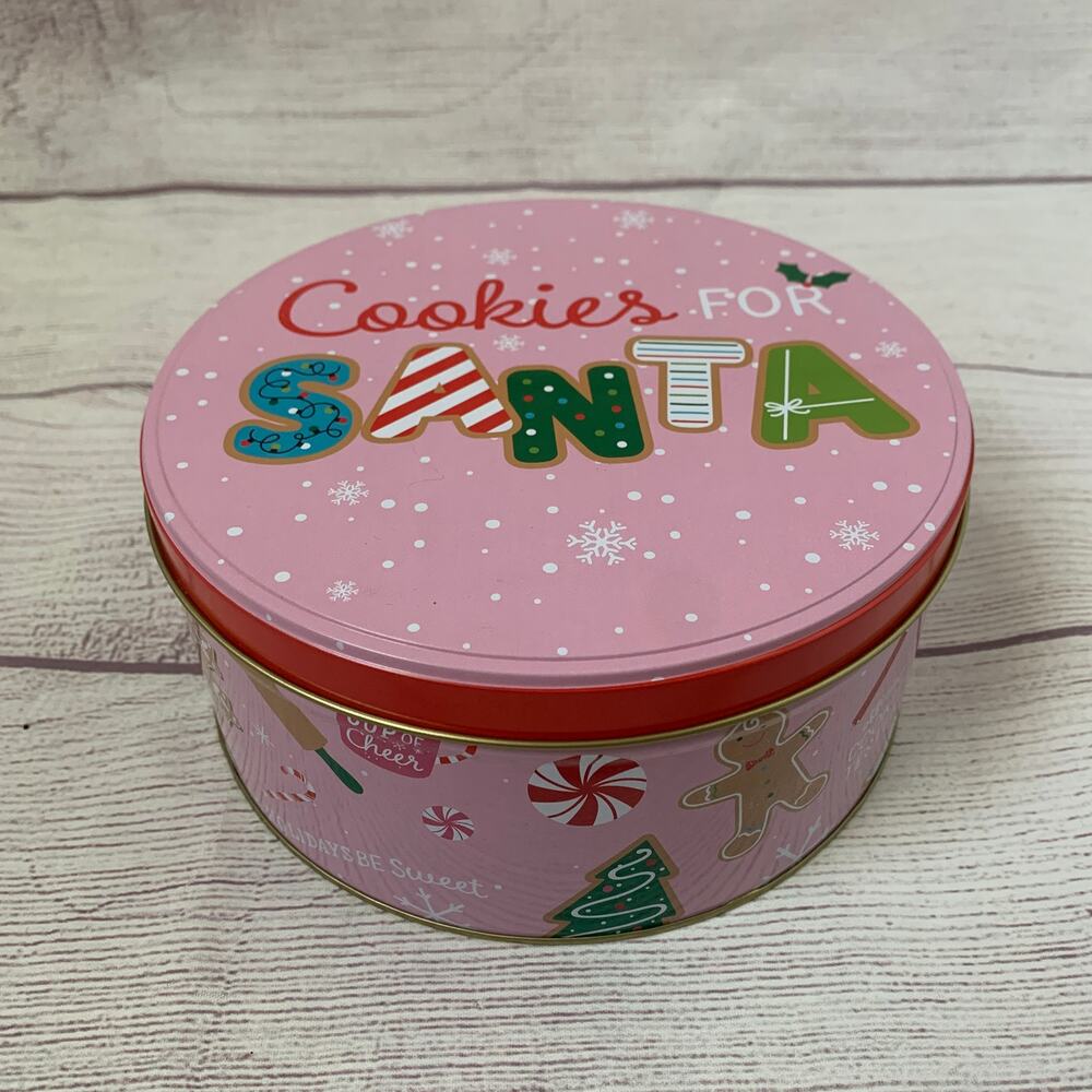 Vintage Pink Christmas Cookies for Santa Tin Empty Metal Storage Box Snowflakes